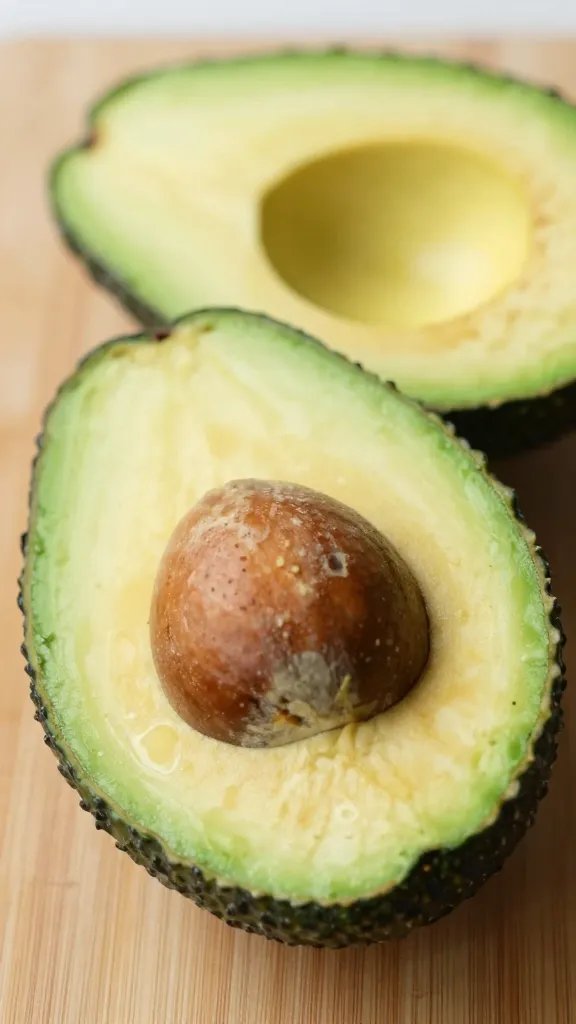 closeup of avocado half sliced on cutting board