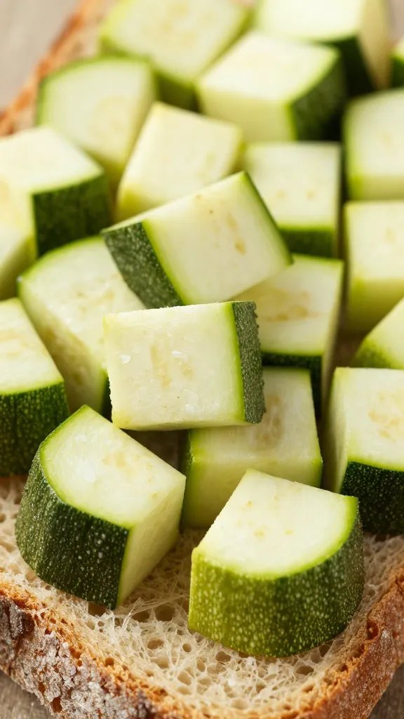 Closeup of zucchini dice on a rustic bread surface