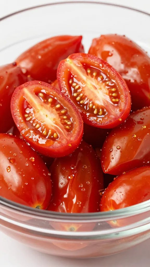 closeup of bright crushed San Marzano tomatoes in a glass bowl