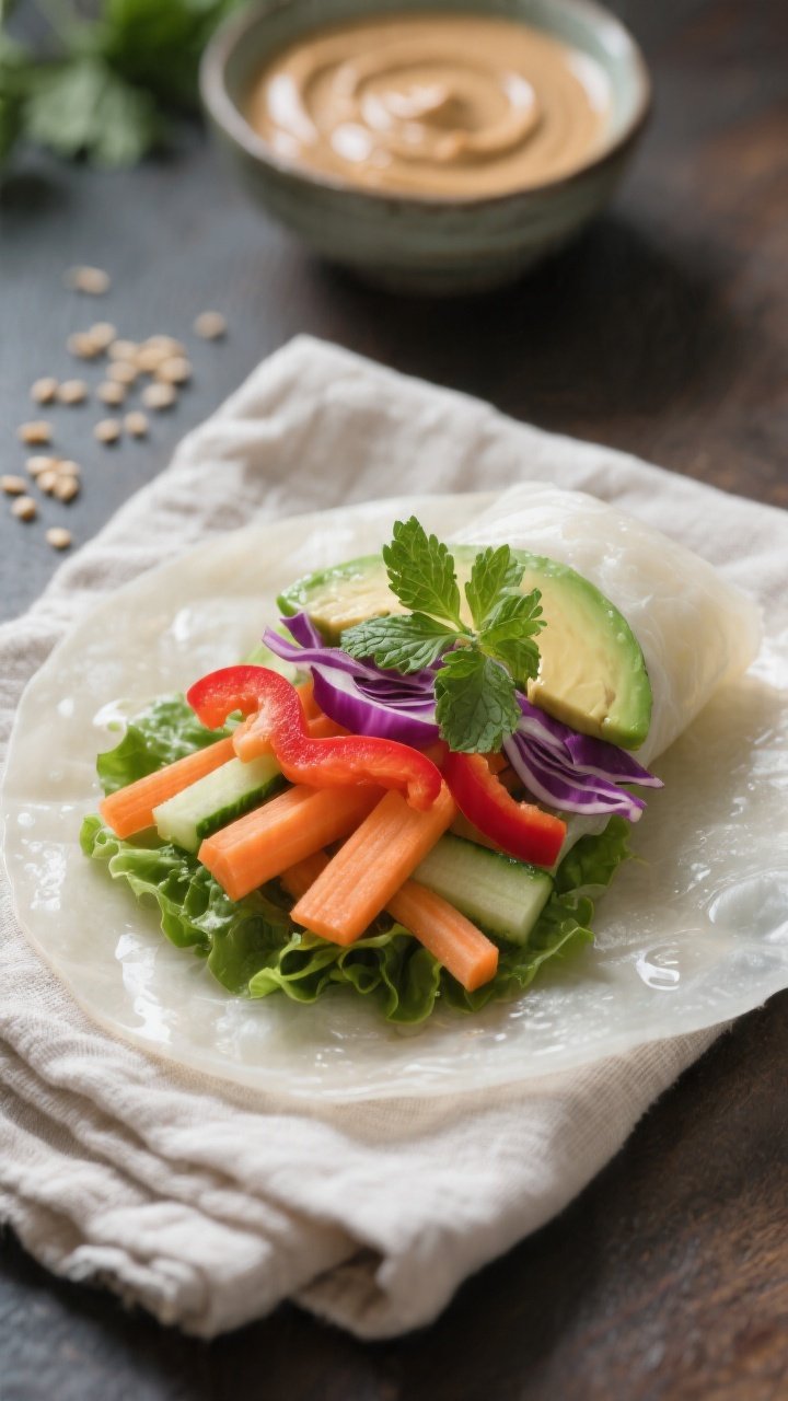 Close-up, 45-degree angle process shot of a single softened rice paper wrapper on a damp linen towel