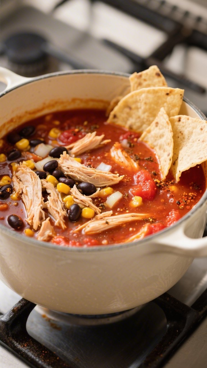 Close-up cooking process: A large enameled Dutch oven at a gentle simmer, showing shredded chicken, 