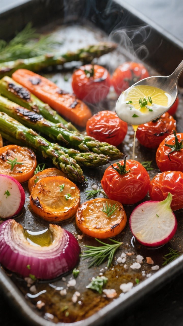 Close-up cooking process on the sheet pan: roasted veggies just out of the oven at peak caramelizati