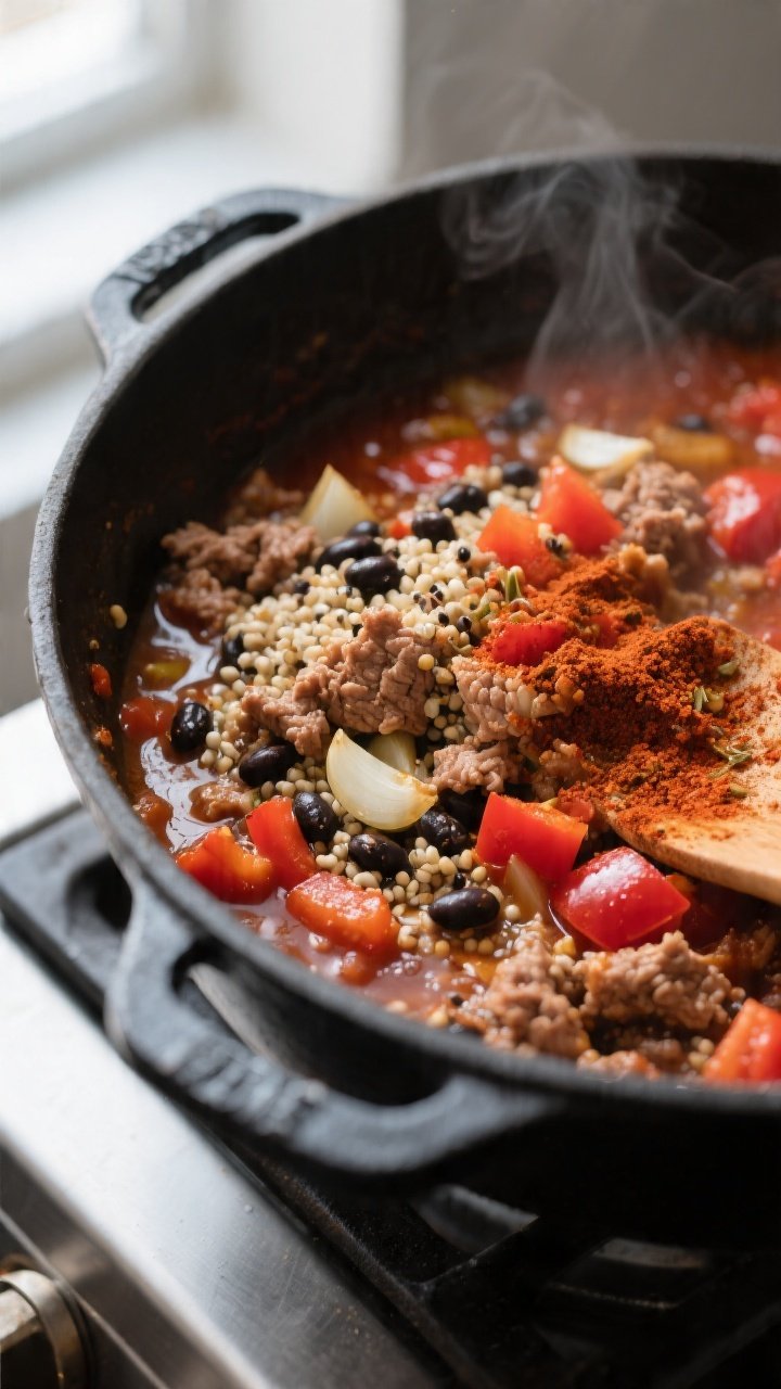 Close-up cooking process: Sautéed one-pot base in a matte black Dutch oven, showing browned lean gr