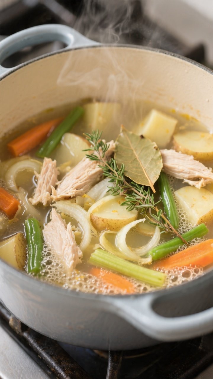 Close-up cooking process shot inside a matte enamel Dutch oven: sautéed aromatics and simmering bas