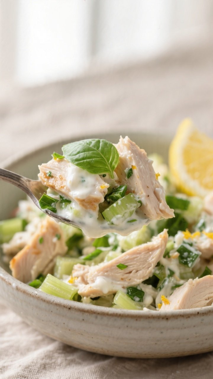 Close-up detail: A heaping spoonful of basil chicken salad just mixed in a matte ceramic bowl—dist