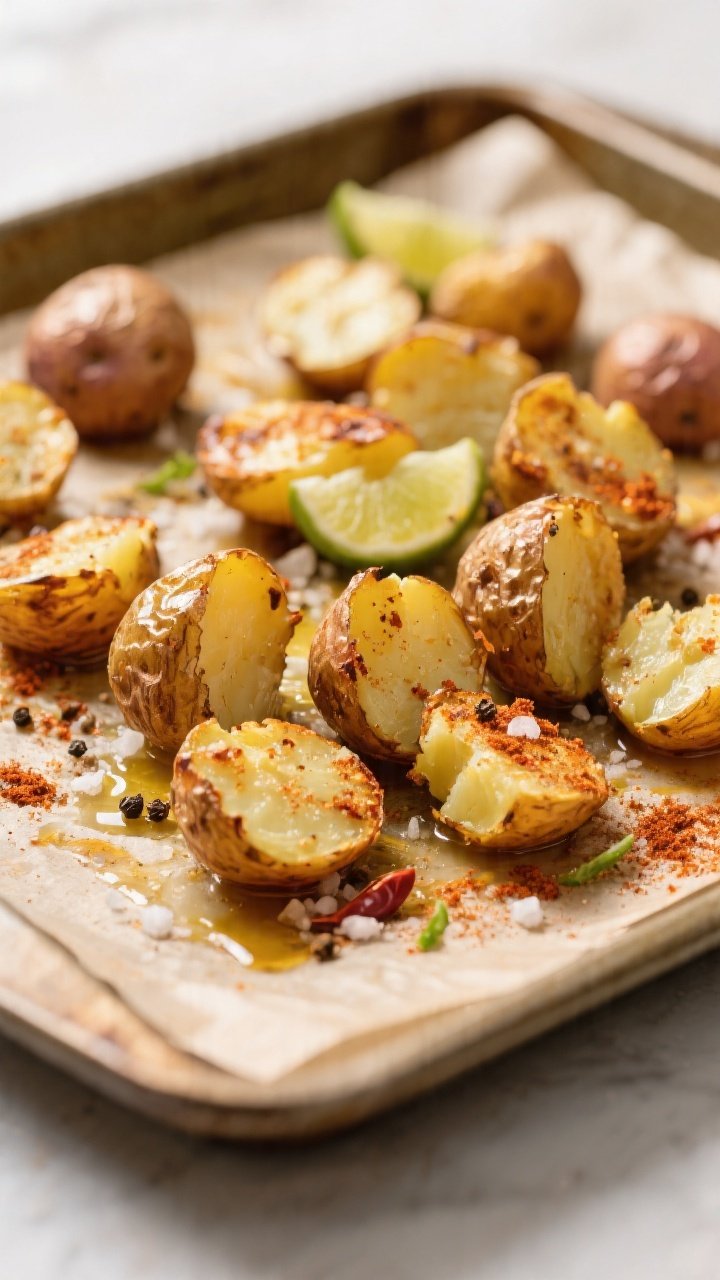 Close-up detail and cooking process: Smashed baby potatoes just out of the oven on a parchment-lined
