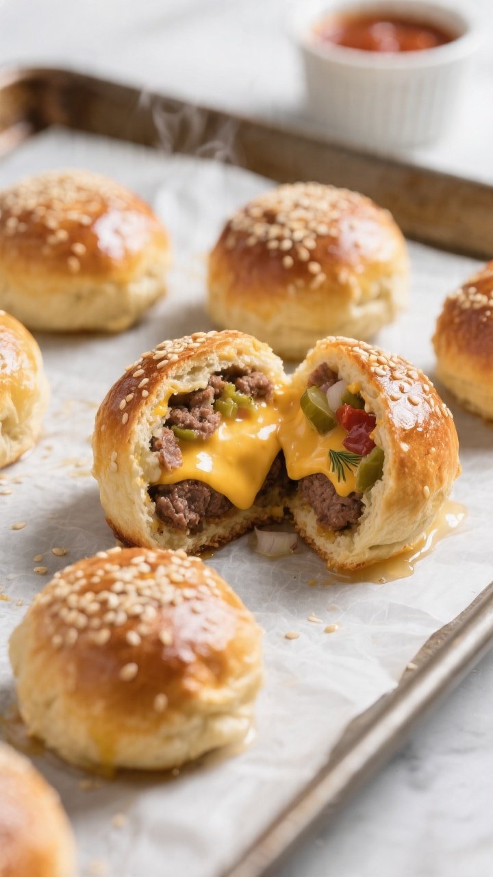 Close-up detail and process: Seam-side down Cheeseburger Bomb Bites on a parchment-lined baking shee