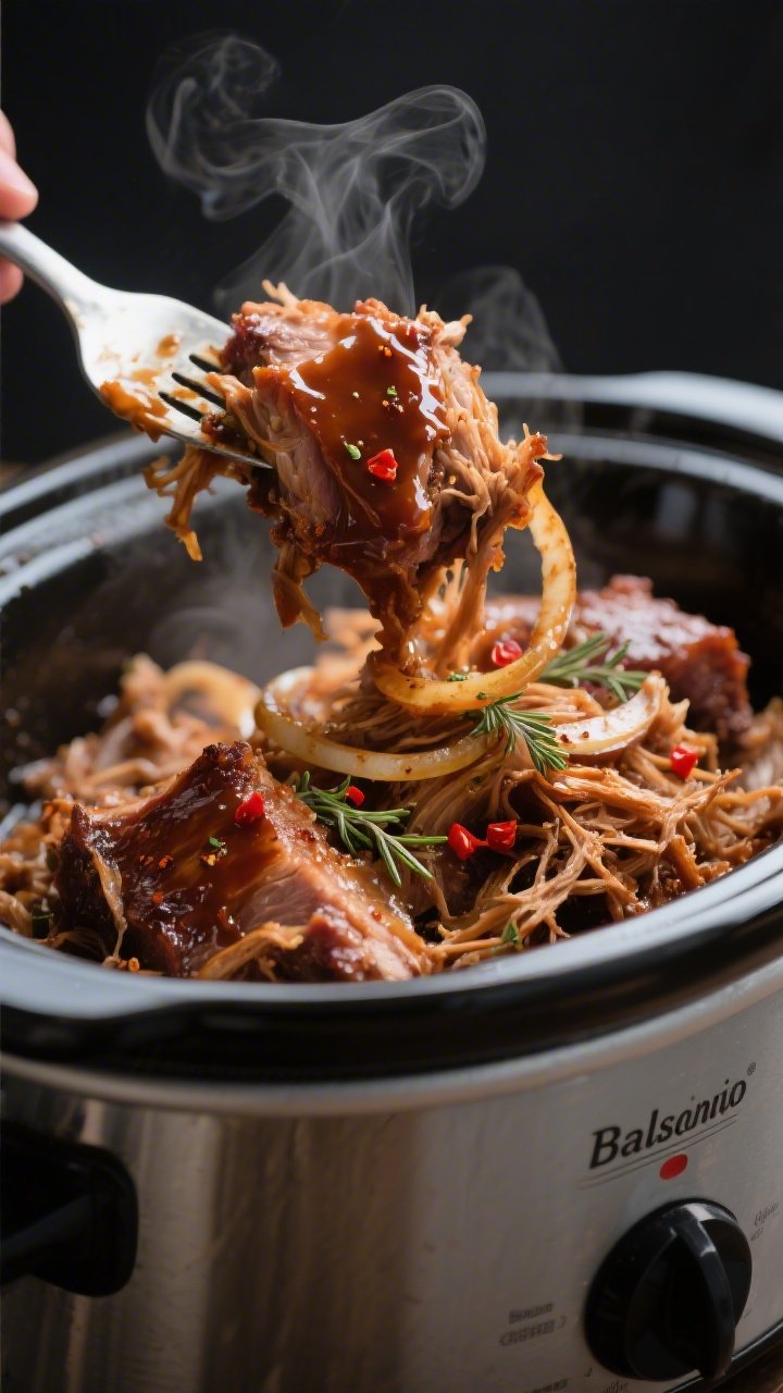 Close-up detail and process: Slow cooker shredded brown sugar balsamic pork being tossed back into i