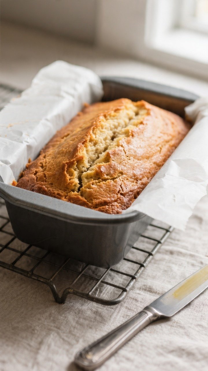 Close-up detail, cooking process: A 9x5-inch loaf pan just pulled from the oven with a perfectly bak