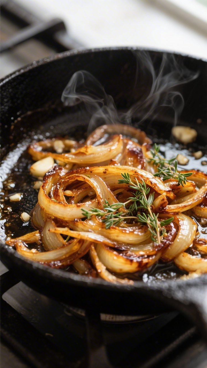 Close-up detail, cooking process: Deep golden, jammy caramelized onions sizzling in a black cast-iro