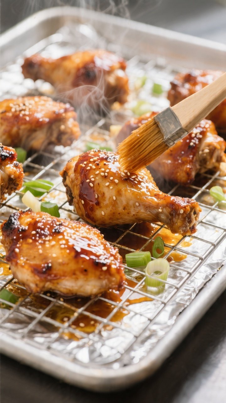 Close-up detail/cooking process: Glazed baked Huli Huli chicken thighs on a wire rack over a foil-li