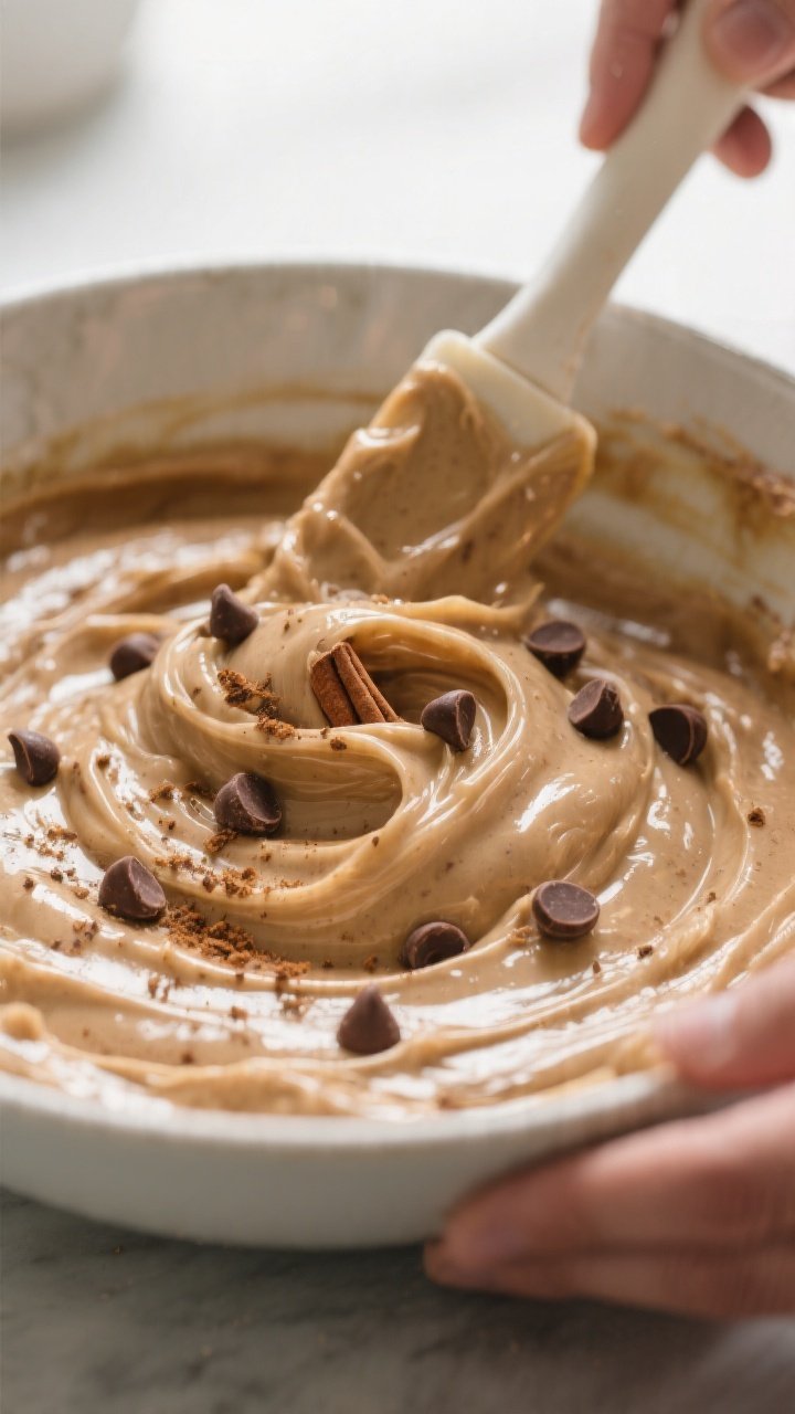 Close-up detail/cooking process: Glossy banana bread batter being gently folded in a bowl with a spa