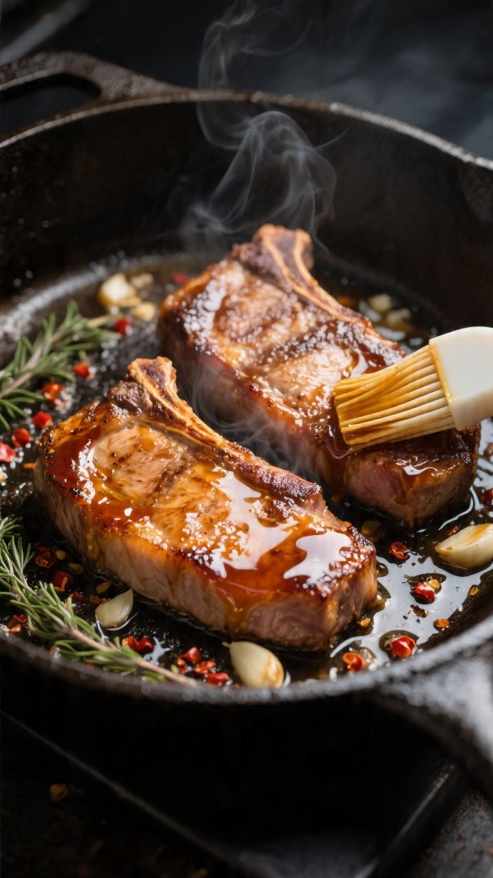 Close-up detail/cooking process: Maple glazed pork chops in a cast-iron skillet just after glazing, 