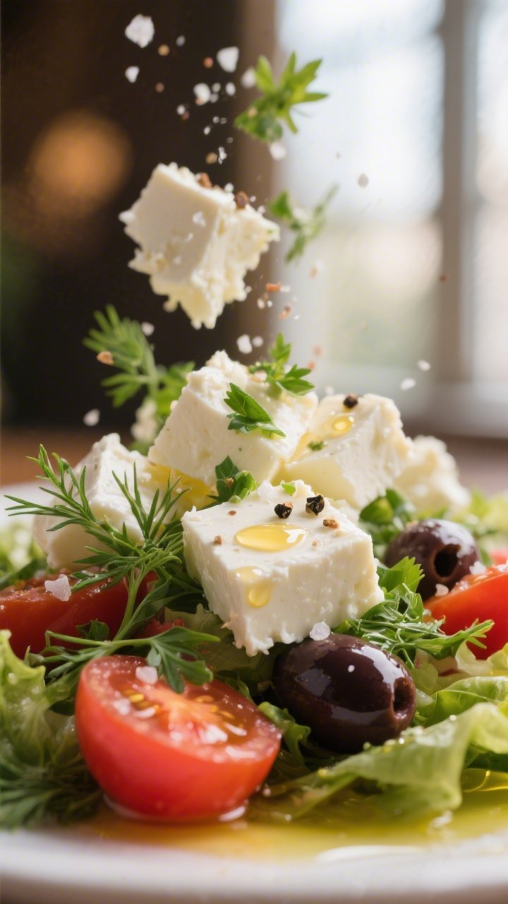 Close-up detail — feta and herbs finish: Ultra-close macro of crumbled block feta tumbling over th