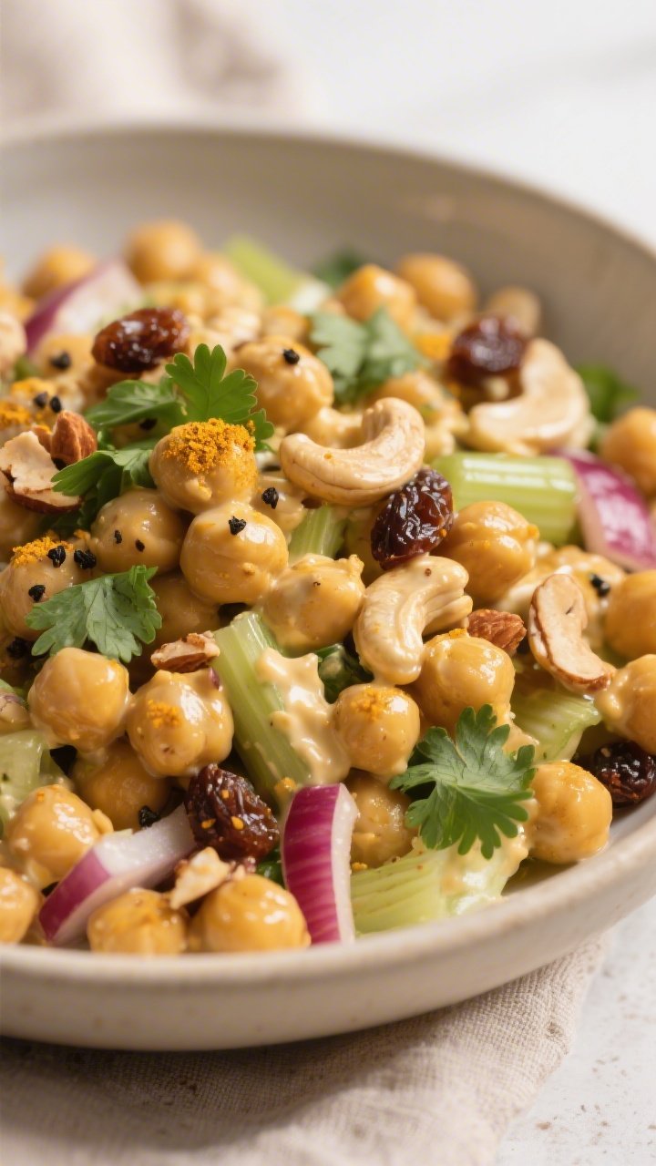 Close-up detail: Lightly smashed curried chickpea salad mid-mix in a wide bowl, showing chunky chick