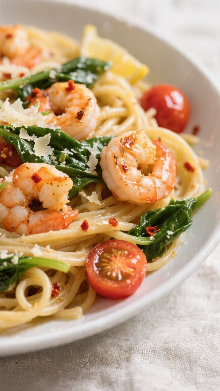 Close-up detail of 15-Minute Garlic Shrimp Pasta twirled in a shallow white bowl: al dente spaghetti