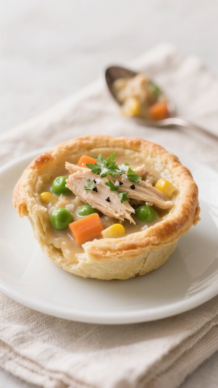 Close-up detail of a plated chicken pot pie bite on a small white plate, biscuit shell split open to