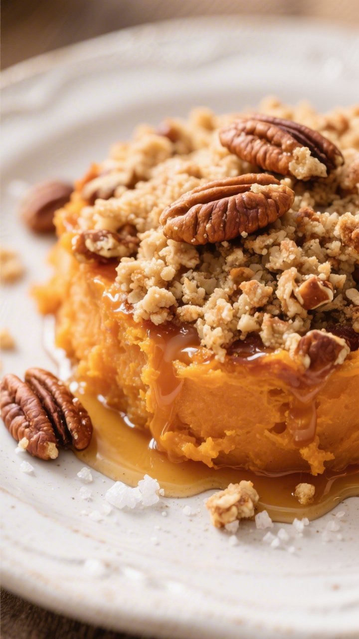 Close-up detail of a plated serving of Maple Pecan Sweet Potato Casserole: a generous scoop on a whi