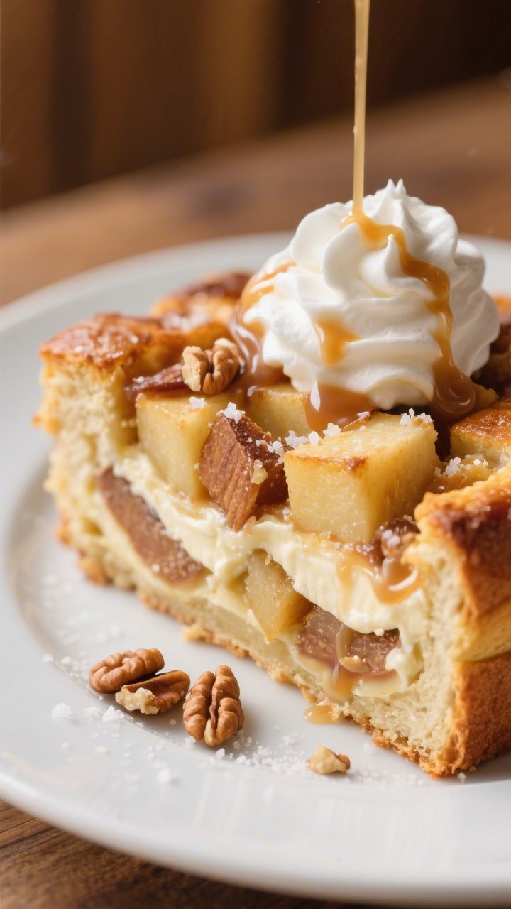 Close-up detail of a plated slice of the casserole showing the layered interior: custardy brioche cu