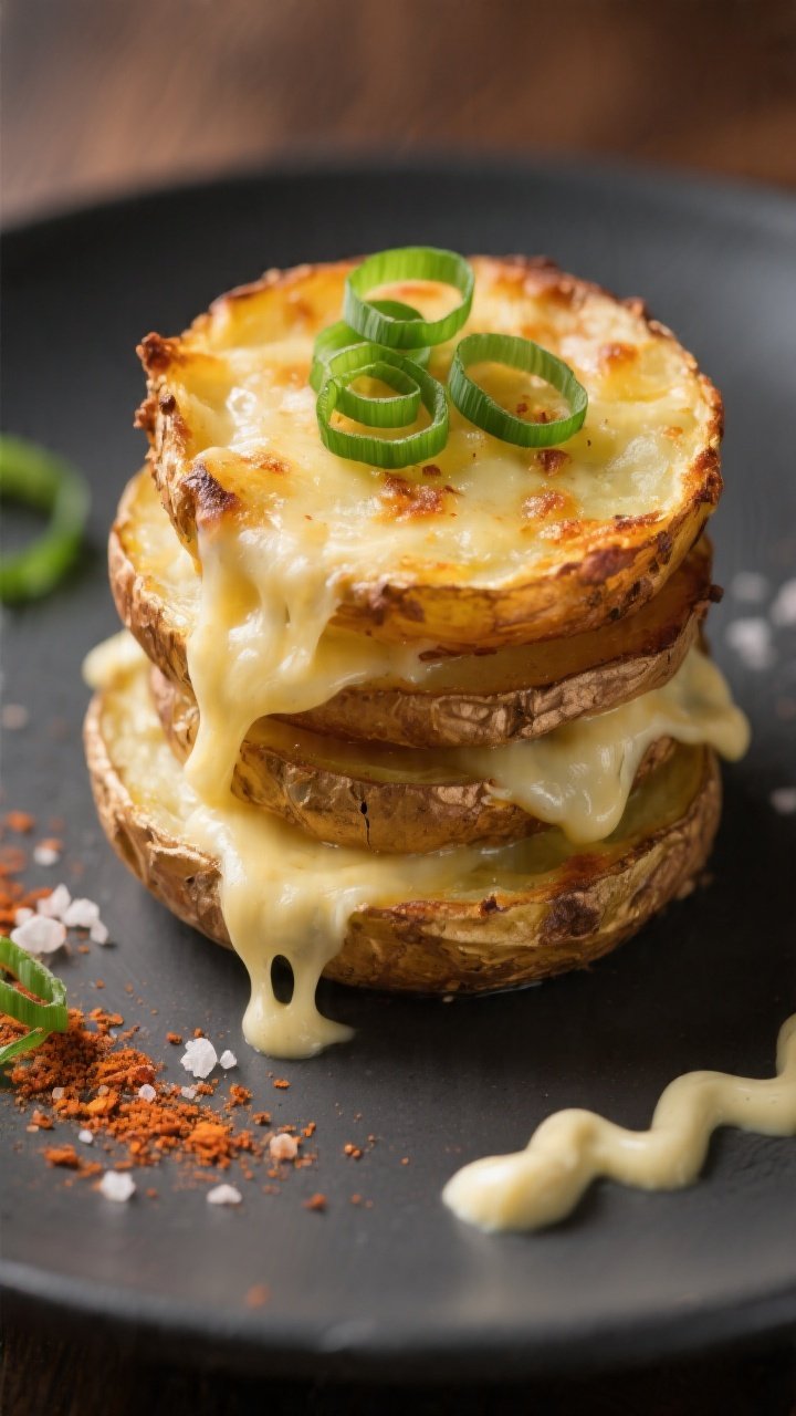 Close-up detail of a plated stack of cheesy baked potato rounds on a matte charcoal plate, extreme h