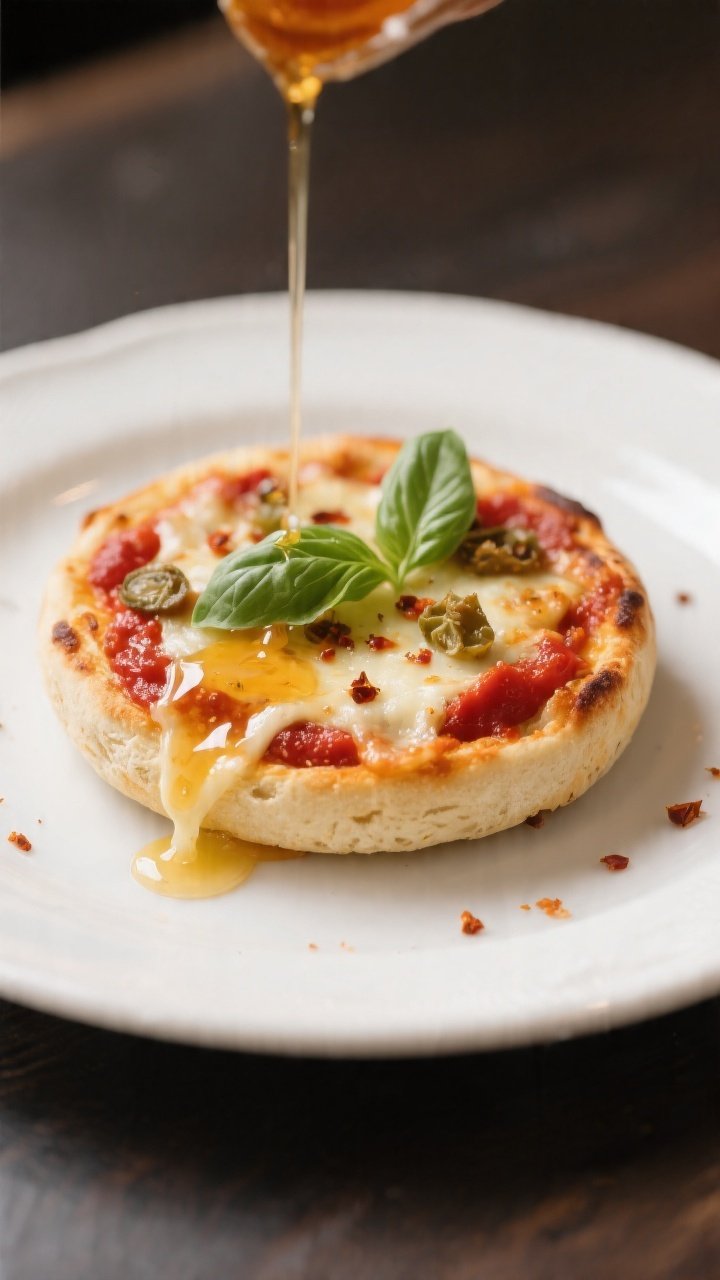 Close-up detail of a single English muffin pizza being finished with a drizzle of hot honey and a sc