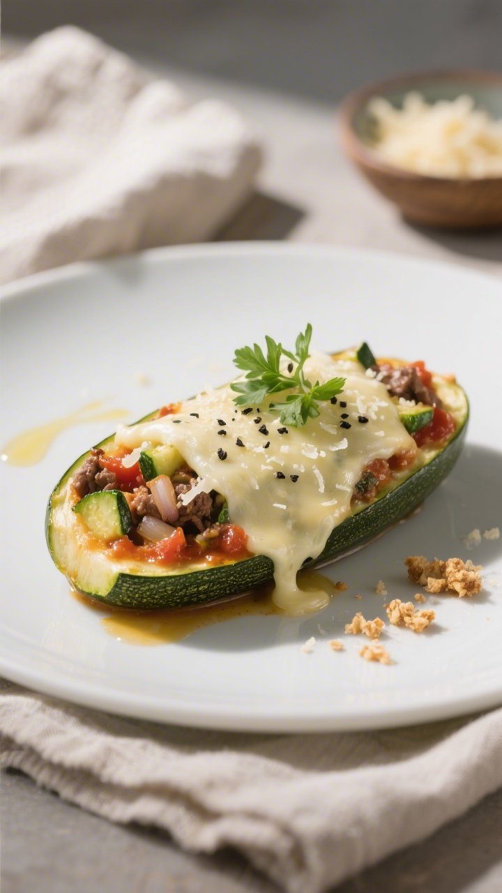 Close-up, detail of a single plated zucchini boat on a matte white plate, gooey cheese pull revealin