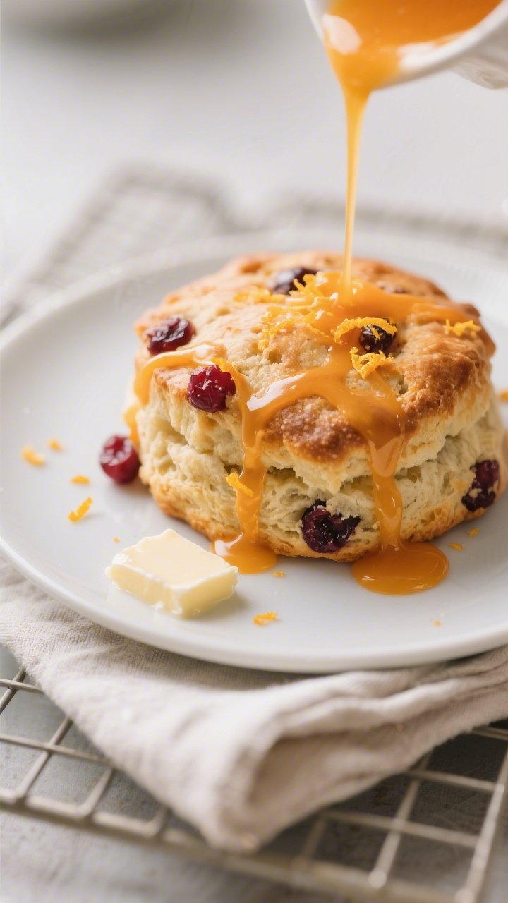 Close-up detail of a warm scone on a matte white plate being drizzled with silky orange glaze, the g