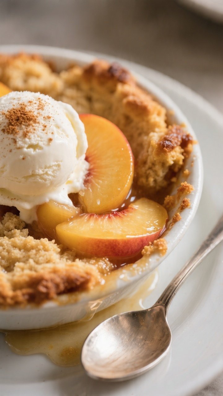 Close-up detail of a warm serving of peach cobbler in a shallow bowl, topped with a generous scoop o