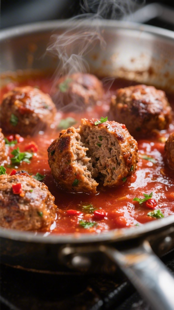 Close-up detail of browned meatballs simmering in rich marinara in a wide stainless skillet, steam r