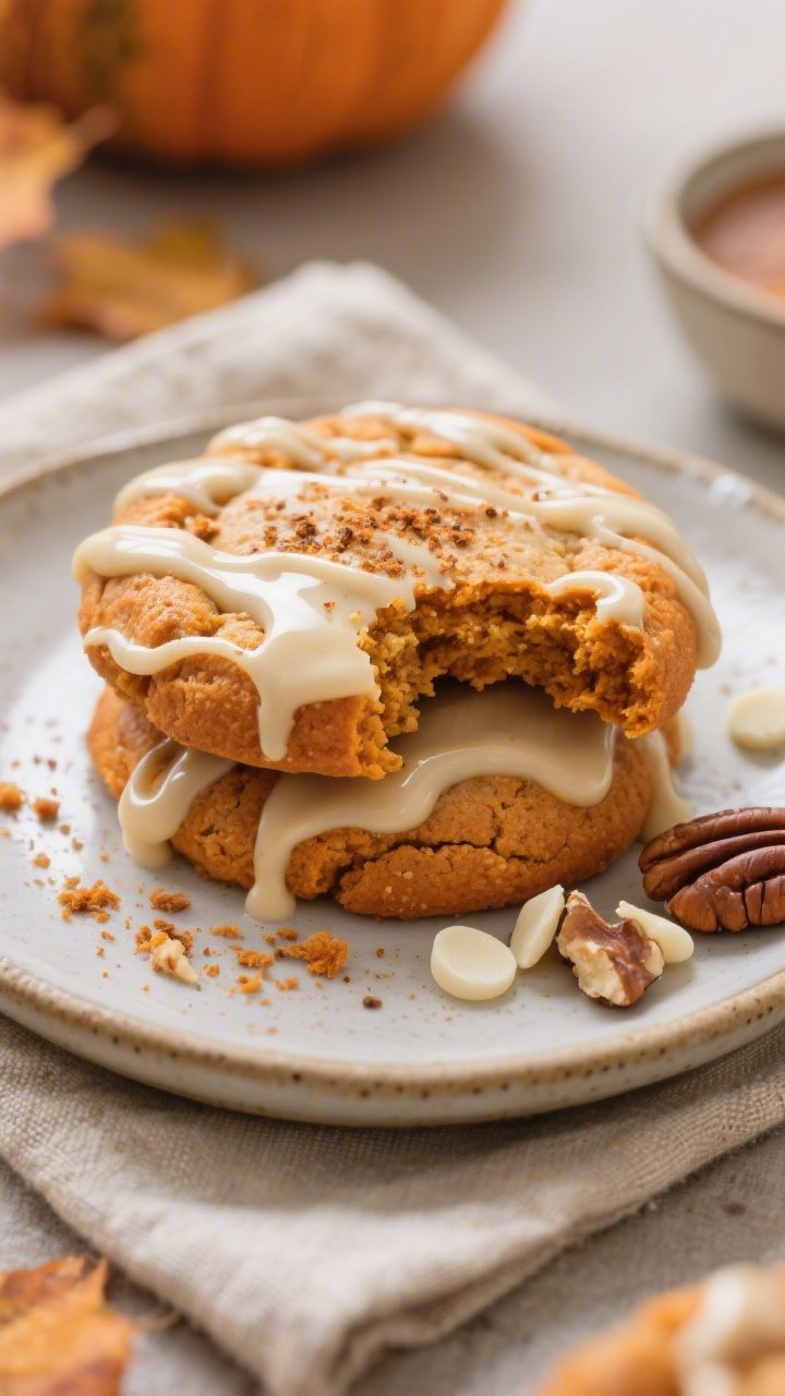 Close-up detail of finished chai spiced pumpkin cookies drizzled with a thick vanilla glaze, the gla