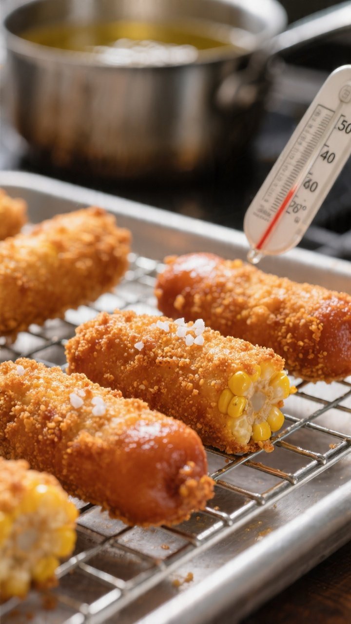 Close-up detail of freshly fried corn dog bites just lifted from 350–360°F oil and resting on a w
