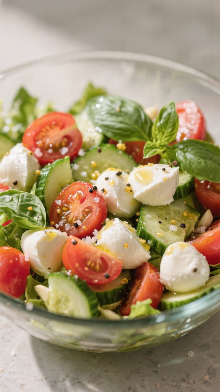 Close-up detail of the salad just after tossing: creamy ciliegine mozzarella nestled among juicy tom