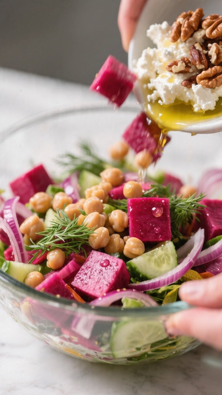 Close-up detail of the salad mid-toss in a clear glass mixing bowl, showing glossy pink-stained beet