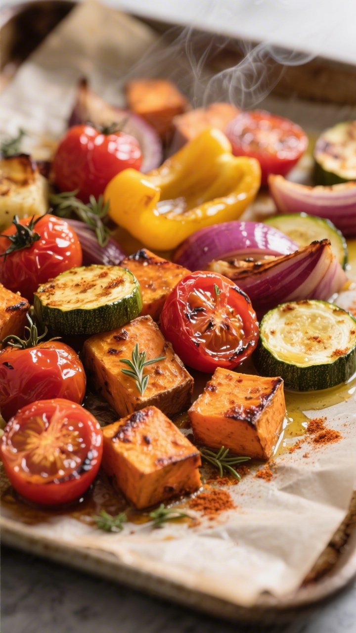 Close-up detail: Roasted vegetable medley just out of the oven—caramelized sweet potato cubes with