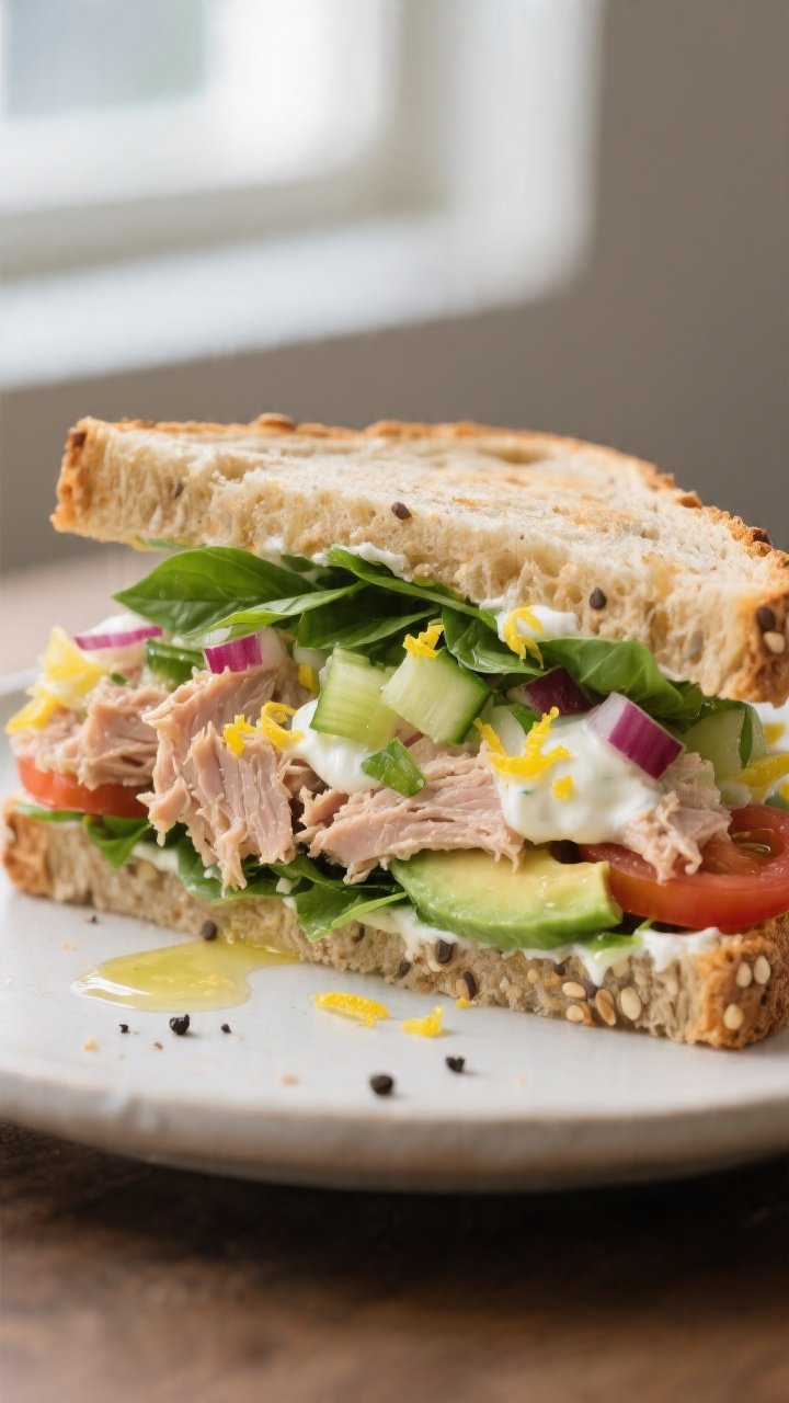 Close-up detail shot: A freshly assembled tuna and lemon basil sandwich half, cut diagonally and sli