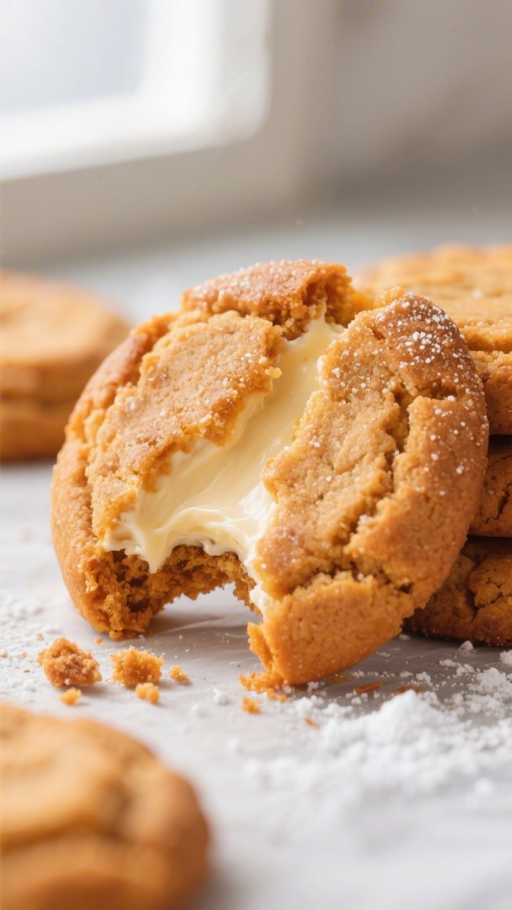 Close-up detail shot: A just-baked pumpkin cheesecake cookie torn open to reveal the creamy, tangy c