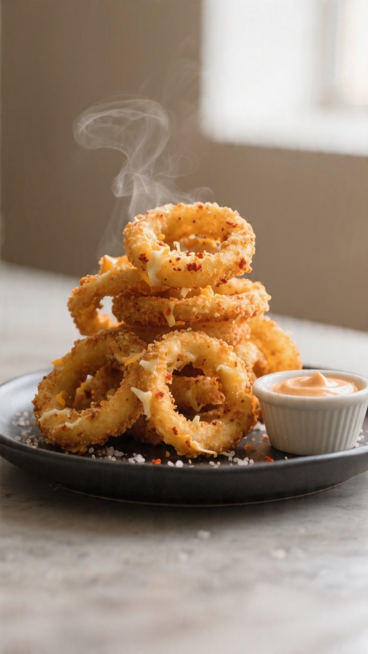 Close-up detail shot: A mound of freshly baked Cheesy Onion Ring Chips stacked casually on a matte c