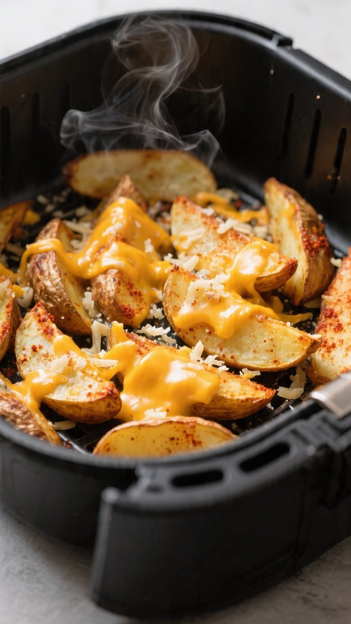 Close-up detail shot: Air fryer basket just opened, showing golden-brown potato wedges arranged in a