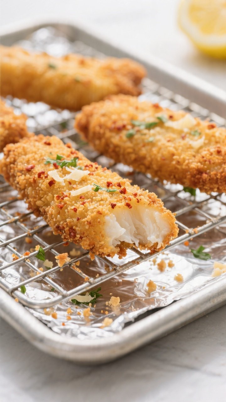 Close-up detail shot: freshly baked fish sticks on a wire rack over a foil-lined sheet pan just out 