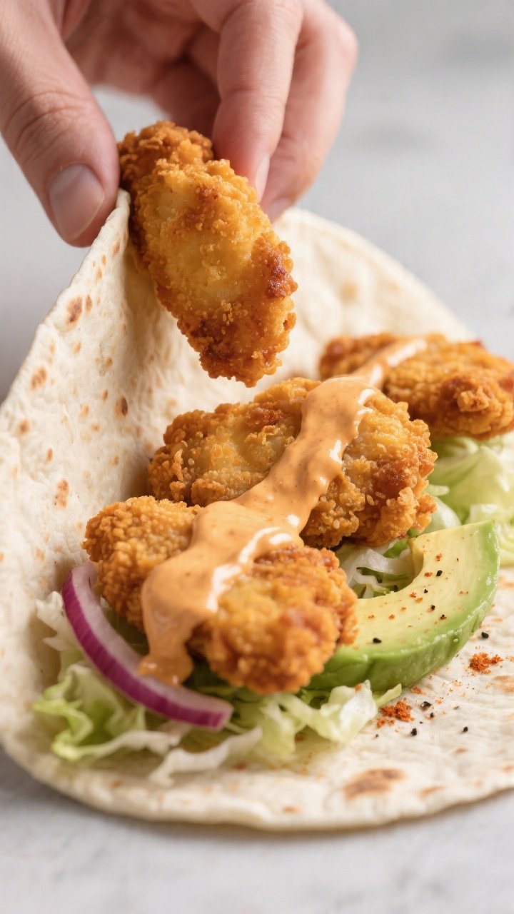 Close-up detail shot: Golden, ultra-crispy chicken nuggets just out of the air fryer being tucked in