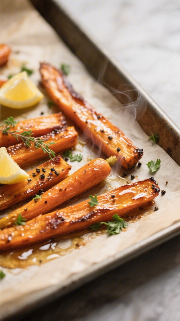 Close-up detail shot: Honey roasted carrot sticks just out of the oven on a parchment-lined rimmed s