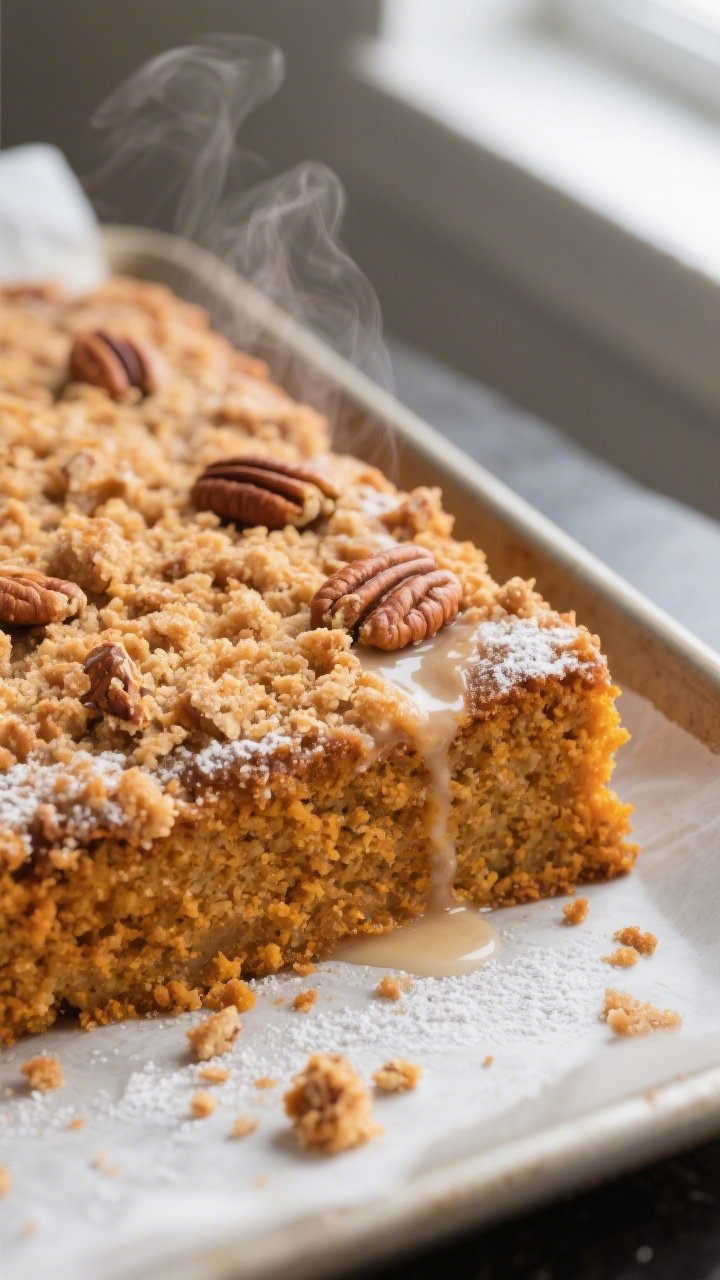 Close-up detail shot of a freshly baked pumpkin coffee cake square just cut from a 9x13 pan, showcas