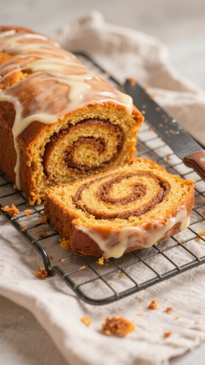 Close-up detail shot of a just-sliced Cinnamon Roll Pumpkin Bread loaf on a wire cooling rack, showc