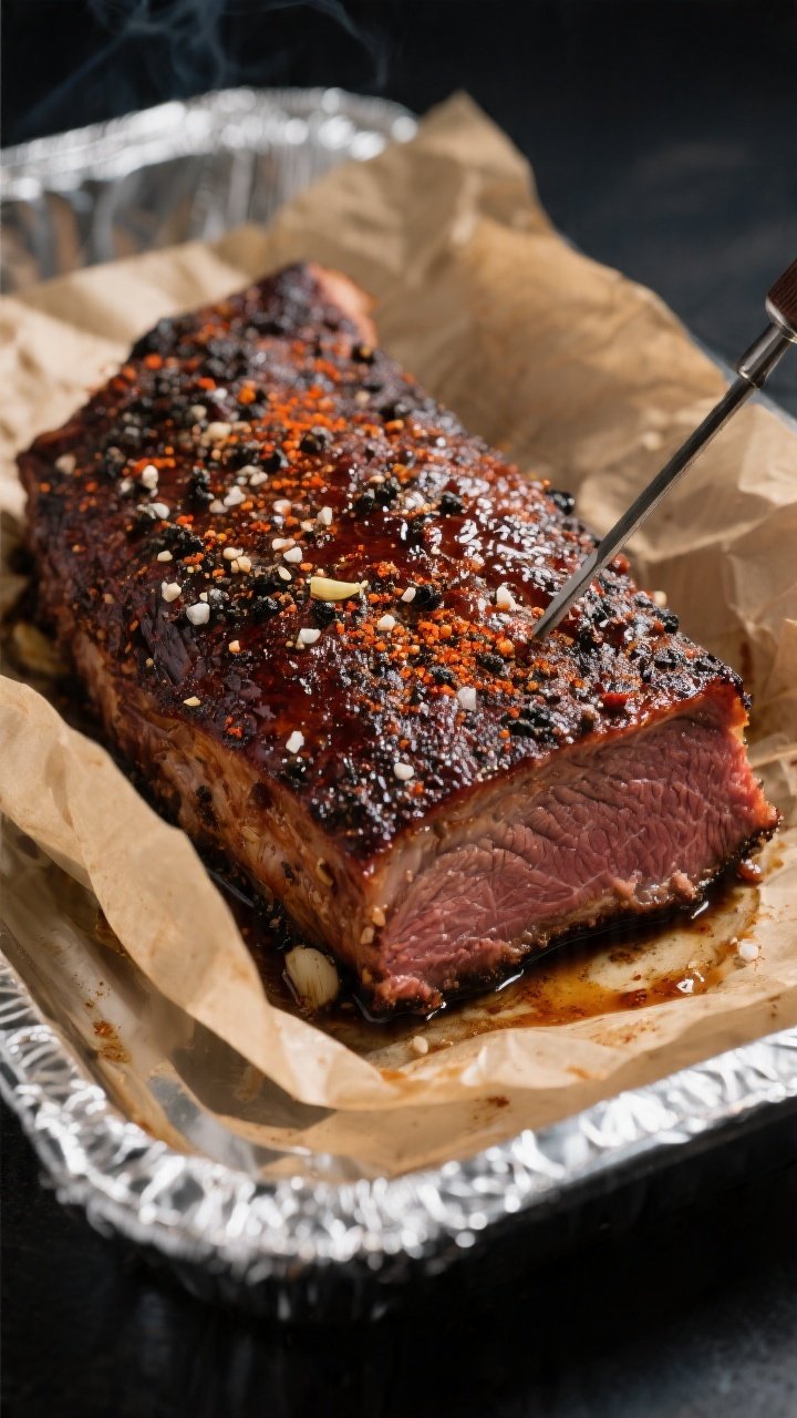 Close-up detail shot of oven-cooked Texas brisket just unwrapped from butcher paper at the stall fin