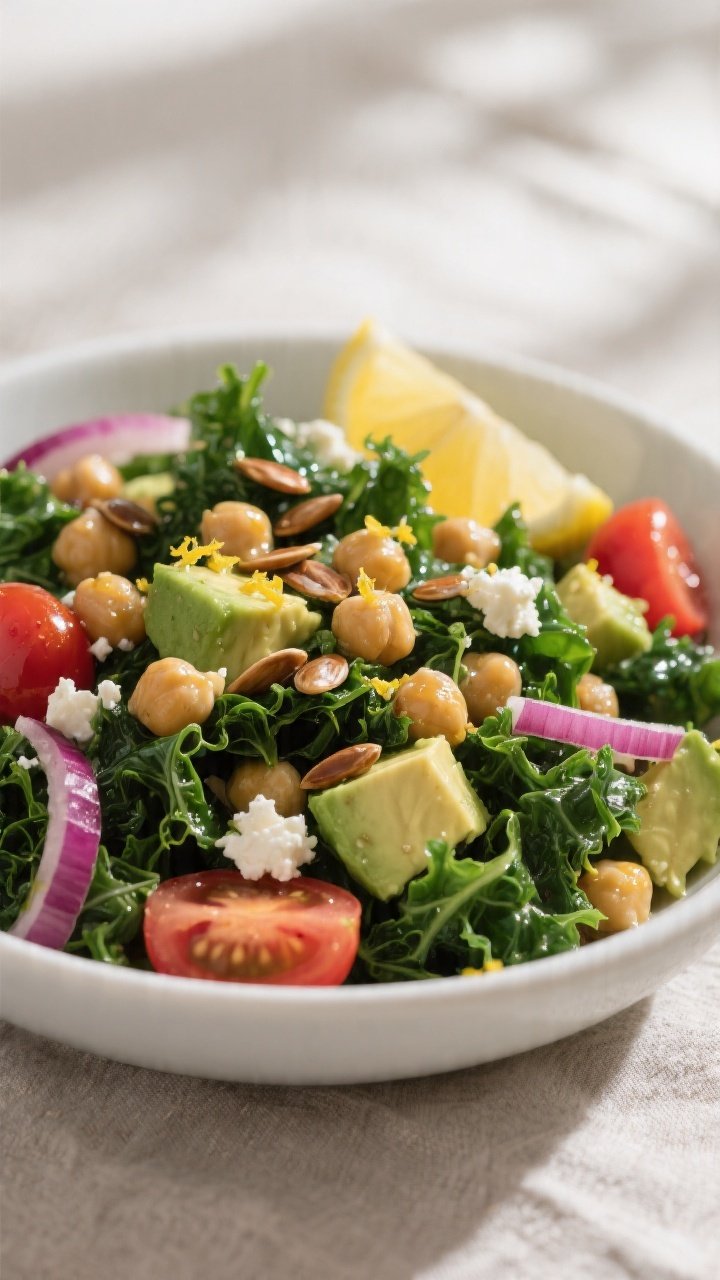 Close-up detail shot of the finished High-Protein Chickpea & Kale Salad: massaged curly kale glisten