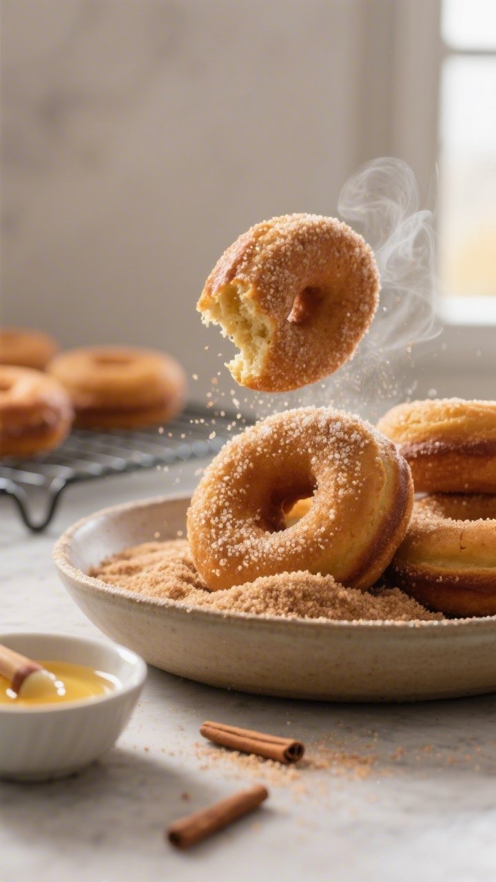 Close-up detail shot: Warm, just-baked brown butter apple cider donuts being tossed in a shallow bow