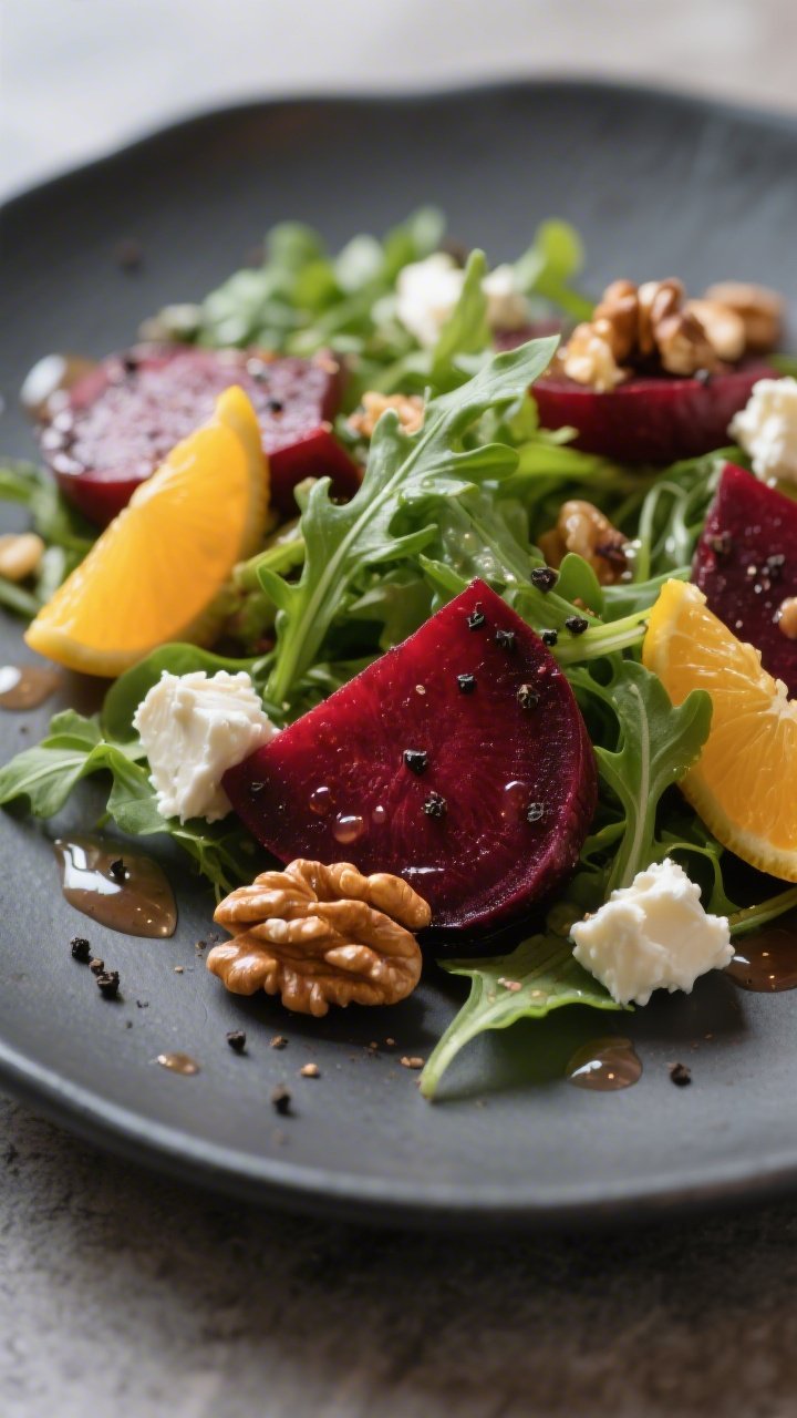 Close-up final plate: Restaurant-quality presentation of the salad on a matte charcoal plate—golde