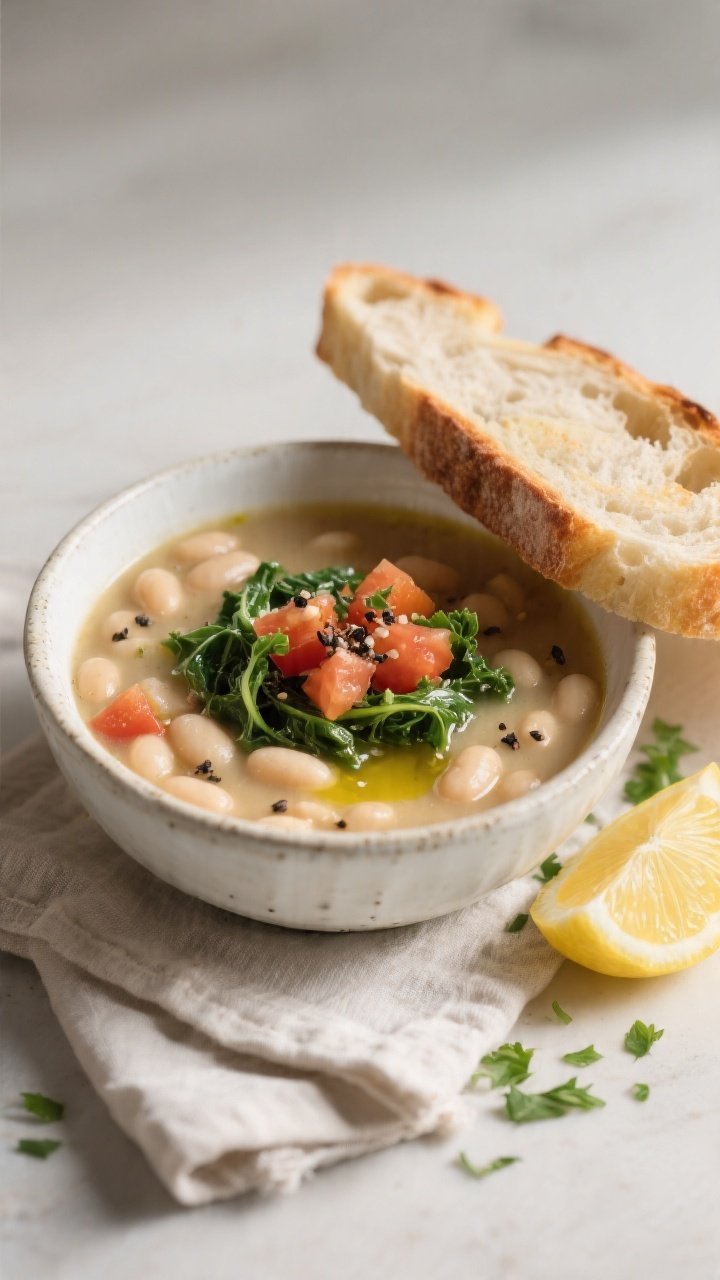 Close-up, final plated bowl of Tuscan white bean soup, restaurant-quality presentation: rustic white