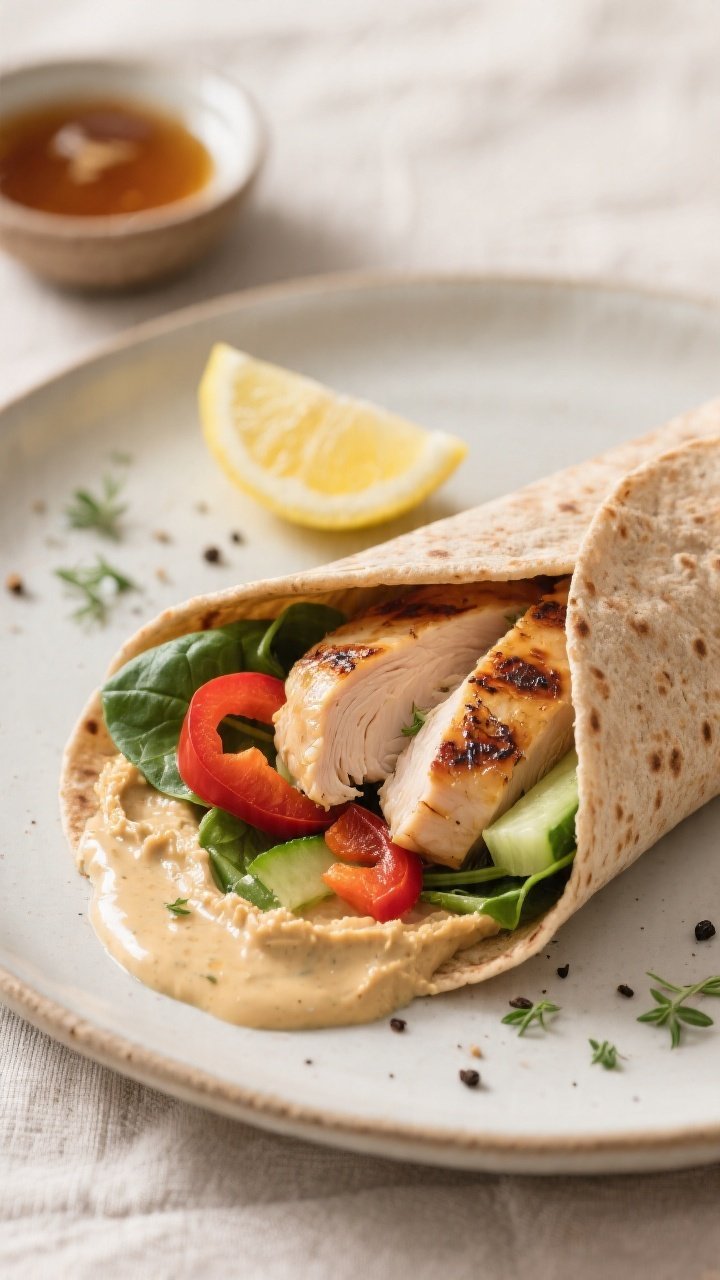 Close-up, final plated wrap night: a warm whole-wheat tortilla folded and cut on the bias, revealing