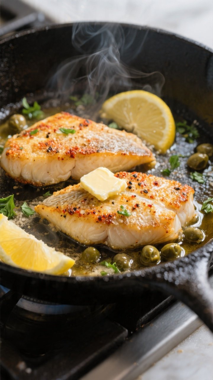 Close-up, in-pan sear: Golden-brown pan-fried tilapia fillets sizzling in a black cast-iron skillet,